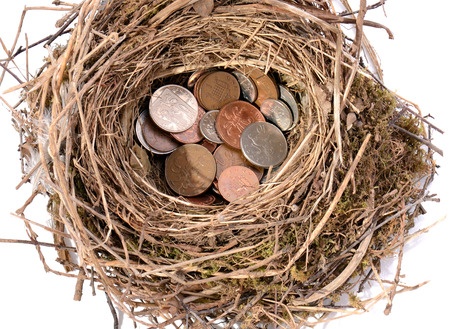 saving pennies for the future in a nest egg isolated on whiteの写真素材