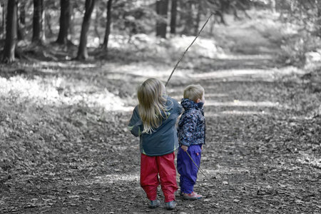 a little boy and girl walking through woods with stick exploring, background in black and whiteの写真素材