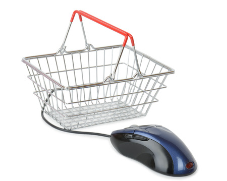 Shopping Cart with computer mouse isolated on white focus on the mouseの写真素材