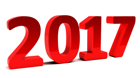 3D 2017 text in red rendered in studio setup isolated on whiteの写真素材