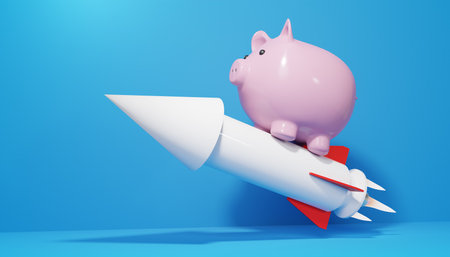 Piggy bank on a rocket on blue background. 3d renderingの写真素材
