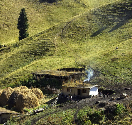 the green grasslands and small house in chinaの写真素材