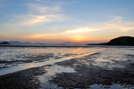 sea mudflat and blue sky is beautiful