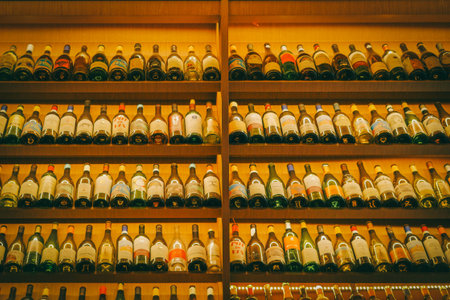 Wall of Wine Bottles: Assortment of Vintages on Illuminated Shelvesの写真素材