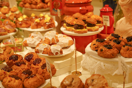 Assortment of Homemade Scones Displayed in a Bakery Cafe