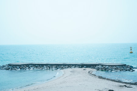 East Sea Beach with Calm Waves and the Horizon Meeting the Blue Skyの写真素材