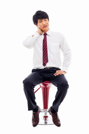 Young Asian man having a stress on isolated on white background. 