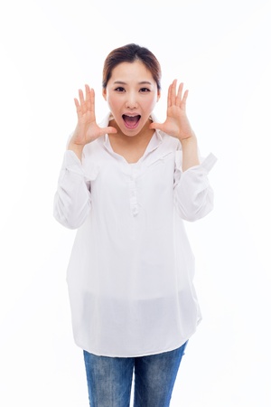 Saying young asian woman isolated on white background.の写真素材