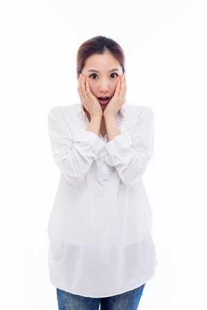 Suprising young Asian girl isolated on white background.の写真素材