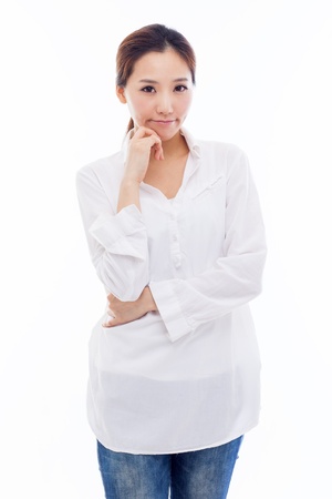 Thinking young Asian woman isolated on white backgroundの写真素材