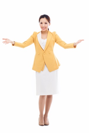 Young Asian business woman spread her arms isolated on white background. の写真素材