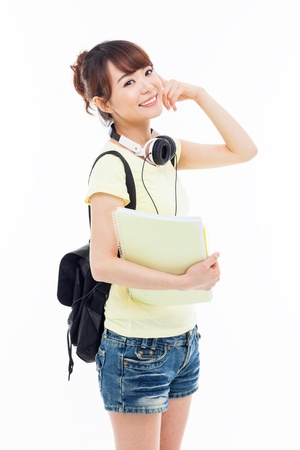 Thinking young Asian student girl isolated on whiteの写真素材