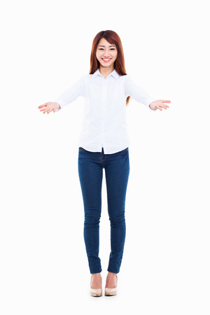 Beautiful young Asian gril spred her hands の写真素材