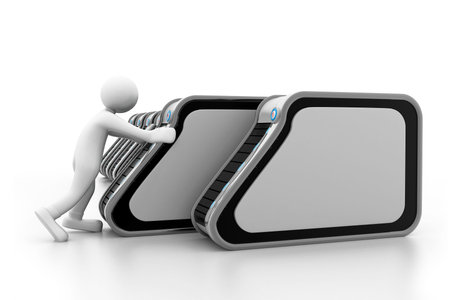 Man pushing server rack の写真素材