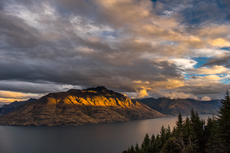 Lake Wakatipu with Mount Nicholas in Queenstown, New Zealandの写真素材
