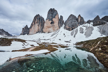 Landscape of The Three Peaks of Lavaredo (Tre Cime di Lavaredo), one of the most popular attraction in the Dolomites, Italyの写真素材