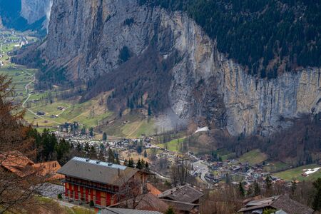 Aerial view of Lauterbrunnen village from Wangen, Switzerlandの写真素材