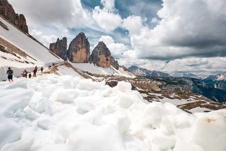 The landscape around Tre Cime di Lavaredo, one of the best-known mountain in the Alps located in...