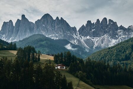 The landscape around Santa Magdalena Village. Located in Val di Funes, Dolomites area, Italy.の写真素材