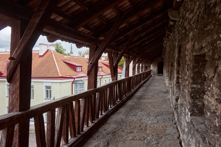 The walkway on an ancient wall of Tallinn old town on Toompea hill, Estoniaのeditorial素材