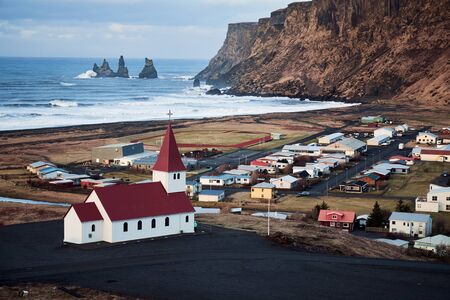 Landscape around Vik, A small town in southern Iceland with a famous Vik churchの写真素材
