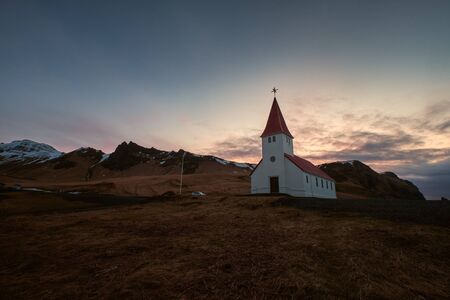 Landscape around Vik, A small town in southern Iceland with a famous Vik churchの写真素材