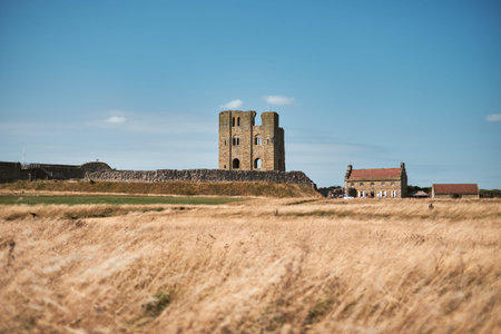 The landscape of Scarborough Castle, a former medieval Royal fortress situated at Scarborough, North Yorkshire, Englandのeditorial素材