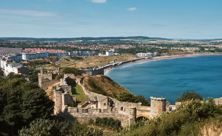 The landscape of Scarborough Castle, a former medieval Royal fortress situated at Scarborough, North Yorkshire, Englandのeditorial素材