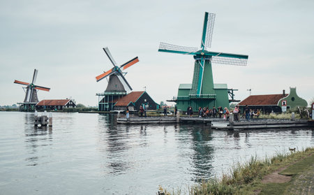 The landscape of windmills in Zaanse Schans village, Netherlandsのeditorial素材