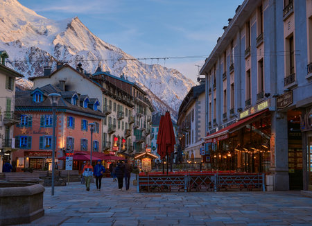A landscape of Chamonix-Mont-Blanc town at sunset with Mont-Blanc mountain and the Alps in the background, Franceのeditorial素材