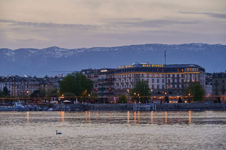 The landscape around Geneva city and the lake Geneva at sunsetの写真素材