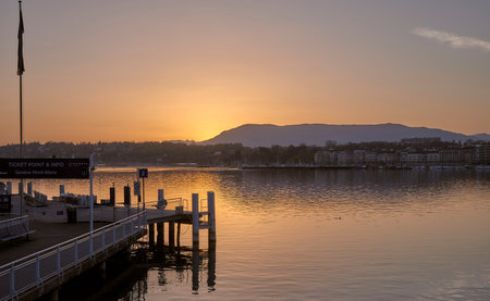 The landscape of Geneva city and the lake Geneva at sunrise, Switzerlandの写真素材