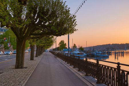 The landscape of Geneva city and the lake Geneva at sunrise, Switzerlandの写真素材