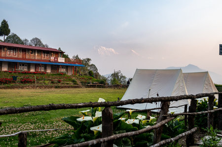 A landscape around the Australian Camp, a famous trekking route located in Annapurna Mountain Range near the city of Pokhara, Nepal.の写真素材