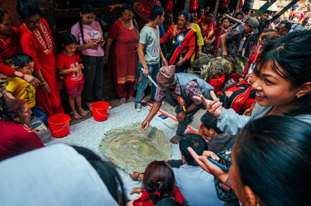 Bhaktapur, Nepal - Apr 16, 2023: Locals gathering and celebrating Biska Jatra (Bisket Jatra) festival or the Nepalese New Year at Bhaktapur, Nepalのeditorial素材