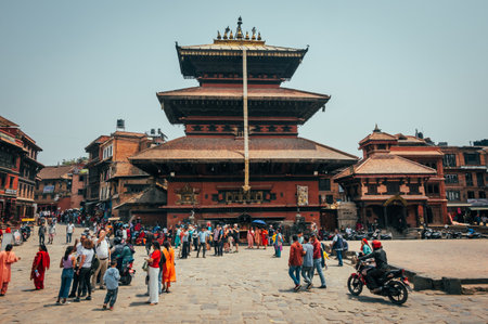 Bhaktapur, Nepal - Apr 16, 2023: A landscape around Bhaktapur Durbar Square, a former royal palace complex and UNESCO World Heritage located in Bhaktapur, Nepalのeditorial素材