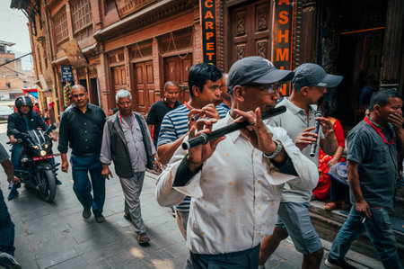 Bhaktapur, Nepal - Apr 16, 2023: Locals gathering and celebrating Biska Jatra (Bisket Jatra)...