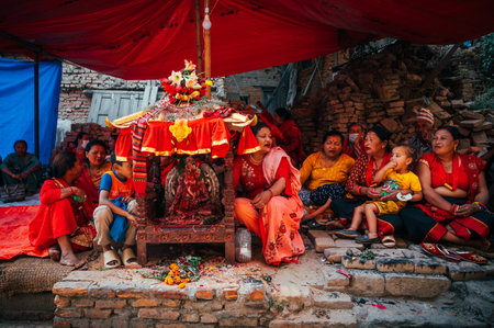Bhaktapur, Nepal - Apr 16, 2023: Locals gathering and celebrating Biska Jatra (Bisket Jatra) festival or the Nepalese New Year at Bhaktapur, Nepalのeditorial素材