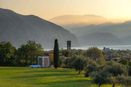 Brescia, Italy - Sep 4, 2022: A landscape of the countryside near Iseo Lake at sunrise near the cities of Brescia.のeditorial素材