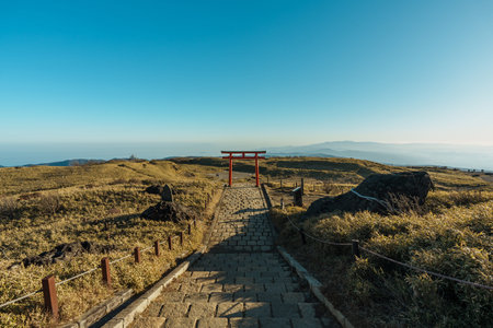 A vibrant red torii gate stands at the start of the stone-paved path leading to the Hakone Mototsumiya Shrine, surrounded by golden fields.の写真素材