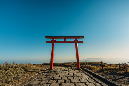 A vibrant red torii gate stands at the start of the stone-paved path leading to the Hakone Mototsumiya Shrine, surrounded by golden fields.の写真素材
