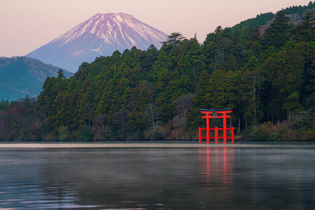 Scenic view of Mount Fuji behind lush forest and iconic red torii gate at Lake Ashi in Hakone, Japan during sunrise.の写真素材