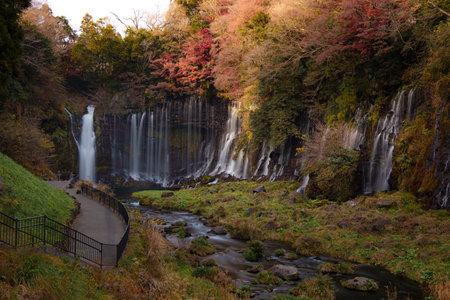 Beautiful Shiraito Falls in Fujinomiya, Japan, where multiple streams of water cascade down mossy cliffs into a serene pool below.の写真素材