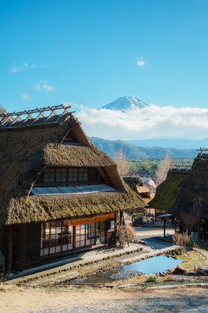 Charming traditional village with thatched-roof houses set against Mount Fuji's snowy peak, surrounded by forests and blue skies in Saiko Iyashi no Sato Nenba.の写真素材