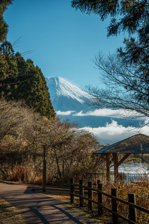 Mount Fujis reflection at Lake Tanuki, clear sky, and serene nature.の写真素材