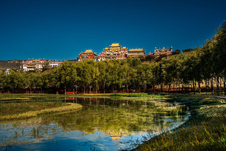 The stunning Ganden Sumtseling Monastery sits on a hill reflected in a calm lake, showcasing a...