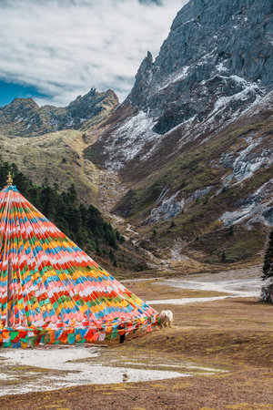 Scenic view of Tibetan Village and a colorful prayer flags near Shambhala Pagoda in the Balagezong Grand Canyon, China.の写真素材