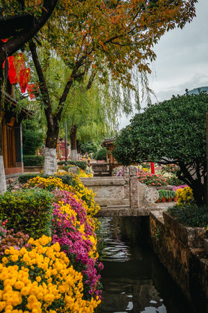 Ornate stone bridge spans a narrow canal lined with vibrant yellow and pink flowers in the charming Lijiang Old Town, Yunnan Province.の写真素材