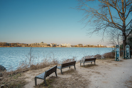Lakeside park benches and outdoor gym face the waterfront skyline at Yeongrang Lake, Sokcho, under a clear blue winter sky.の写真素材