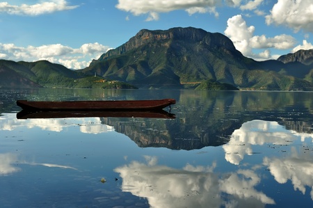 Scenic view of mountain lake at countryside の写真素材